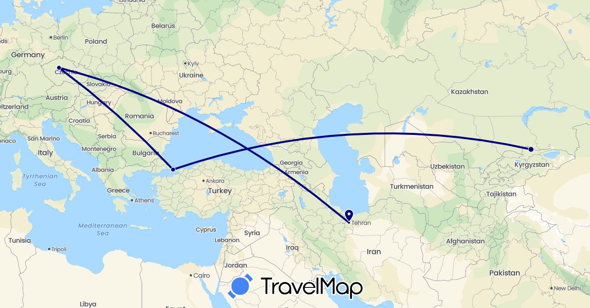 TravelMap itinerary: driving in Czech Republic, Iran, Kyrgyzstan, Turkey (Asia, Europe)